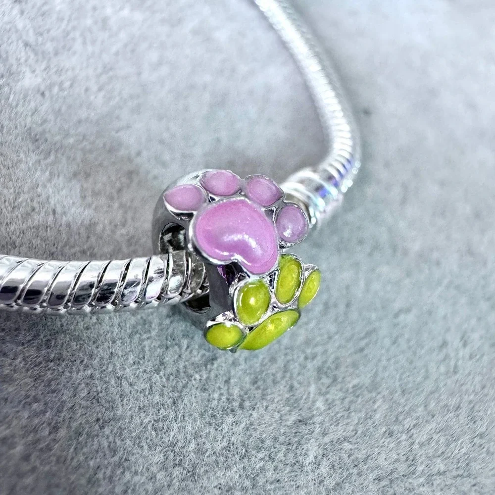 Pink Yellow Paw Print Bead Charm fits PANDORA